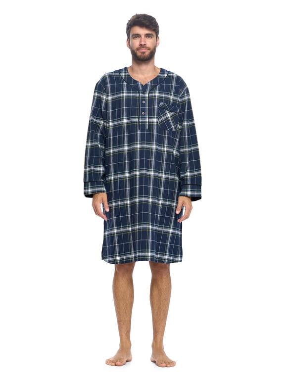 Mens Flannel Plaid Long Sleep Shirt Henley Nightshirt