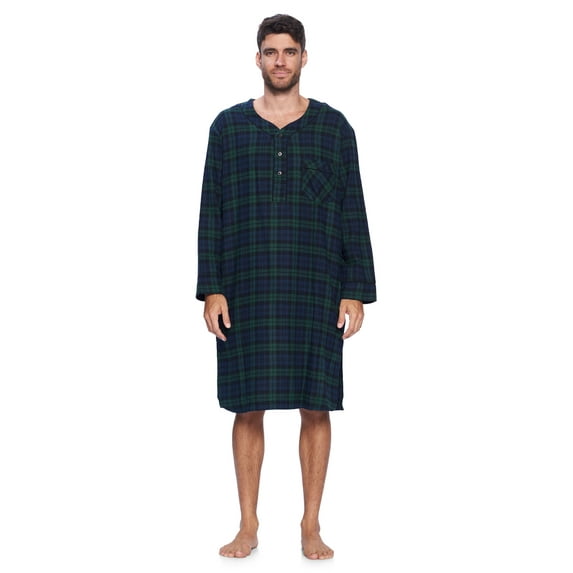Ashford & Brooks Mens Flannel Plaid Long Sleep Shirt Henley Nightshirt
