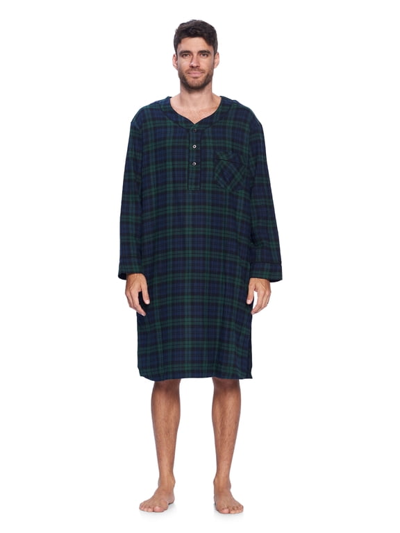 Mens Flannel Plaid Long Sleep Shirt Henley Nightshirt