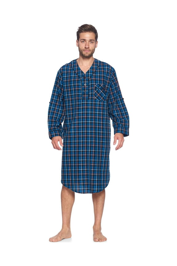Mens Woven Long Sleep Shirt Nightshirt, Black/Blue/Plaid, M
