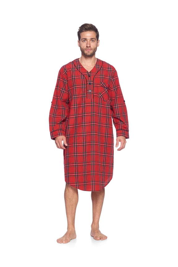 Mens Woven Long Sleep Shirt Nightshirt, Red/Black Stewart, L