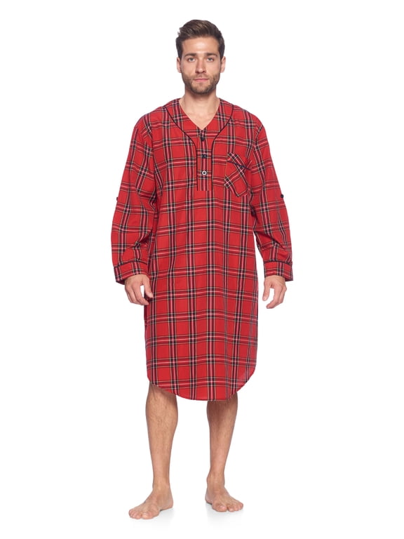 Mens Woven Long Sleep Shirt Nightshirt, Red/Black Stewart, XXL