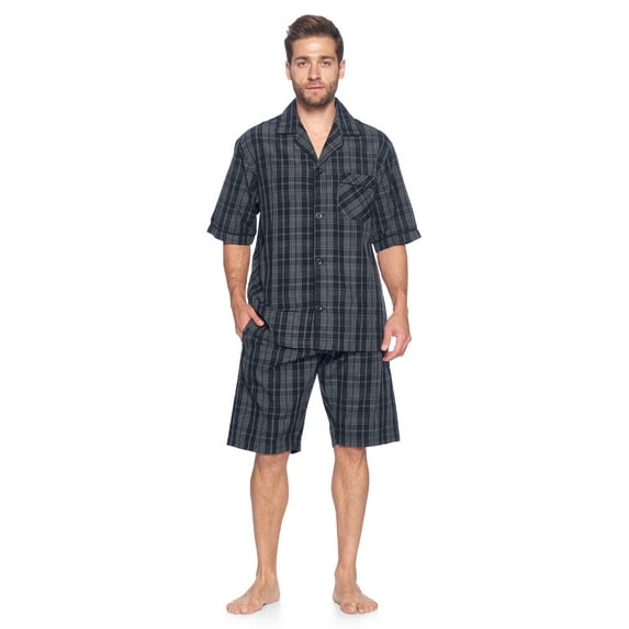 Ashford & Brooks Mens Woven Short Sleeve Pajama Shorts Set, Black/Grey/White, L
