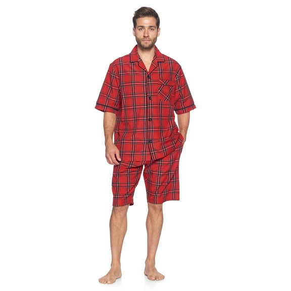 Ashford & Brooks Mens Woven Short Sleeve Pajama Shorts Set, Red/Black Stewart, XXL