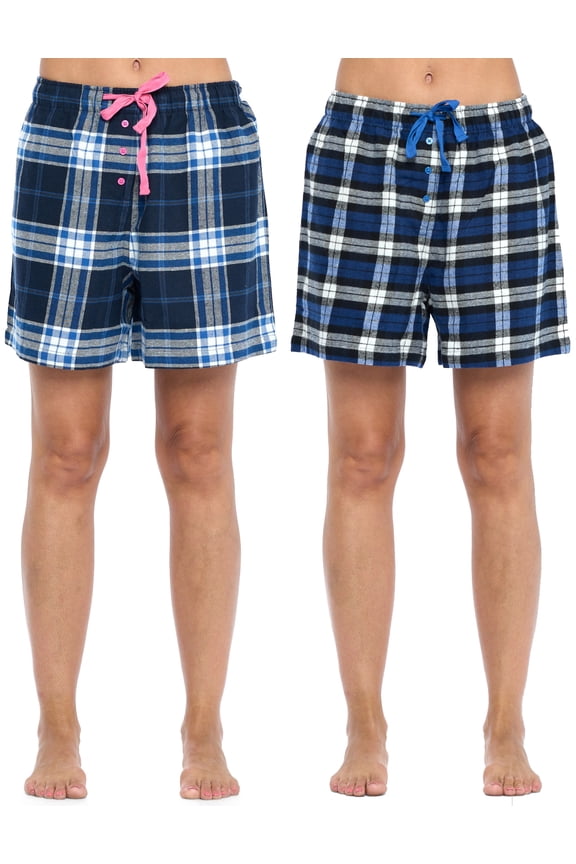 Women's 2 Pack Soft Flannel Plaid Pajama Lounge Sleep Shorts Bottoms
