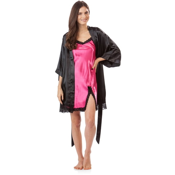 Ashford & Brooks Women's 2 Piece Satin Robe and Nightie Set - Black/Fuschia - Large