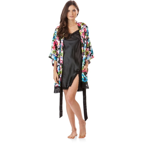 Ashford & Brooks Women's 2 Piece Satin Robe and Nightie Set - Floral/Black - Large