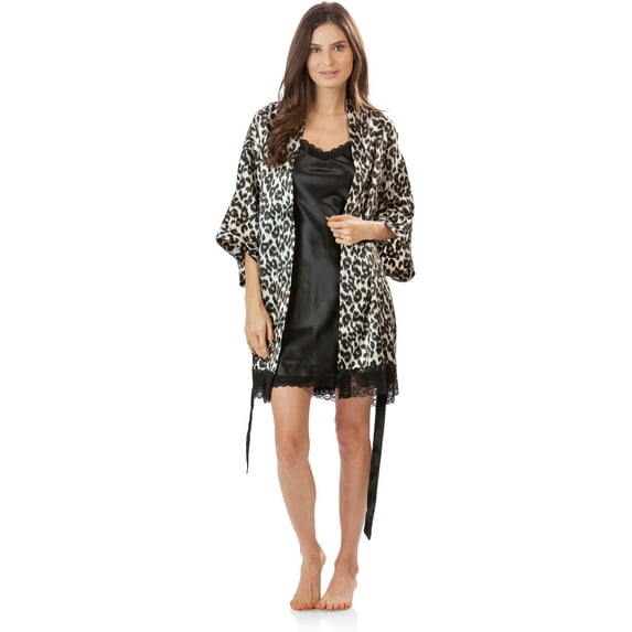Ashford & Brooks Women's 2 Piece Satin Robe and Nightie Set - Leopard/Black - Large