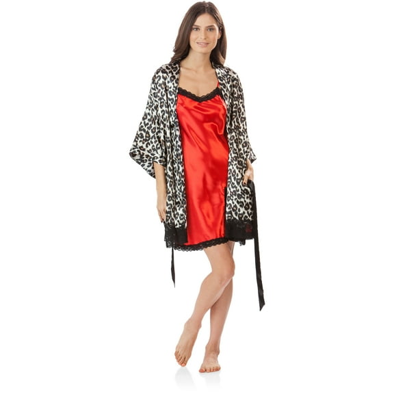 Ashford & Brooks Women's 2 Piece Satin Robe and Nightie Set - Leopard/Red - Large