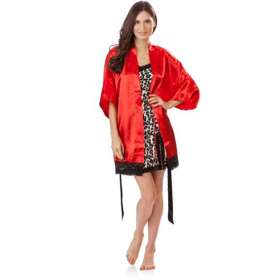 Ashford & Brooks Women's 2 Piece Satin Robe and Nightie Set - Red/Leopard - X-Large