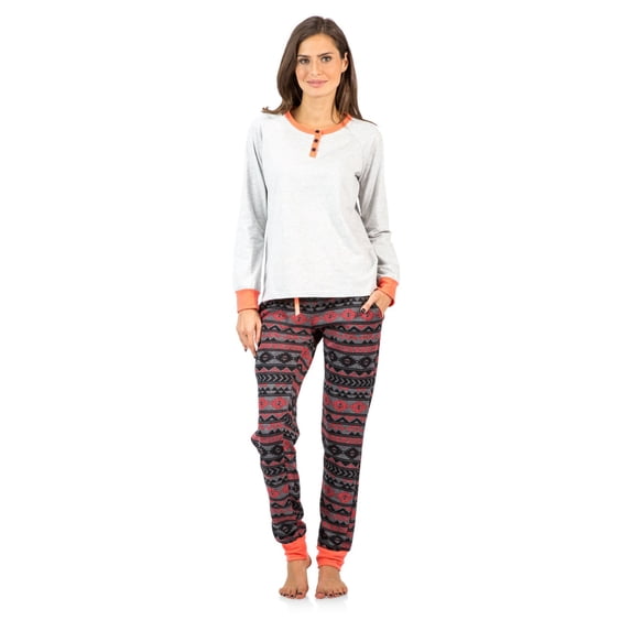 Ashford & Brooks Women's Cotton Henley with Sweater Fleece Pants Pajama Set - LH Grey Coral Charcoal - Large