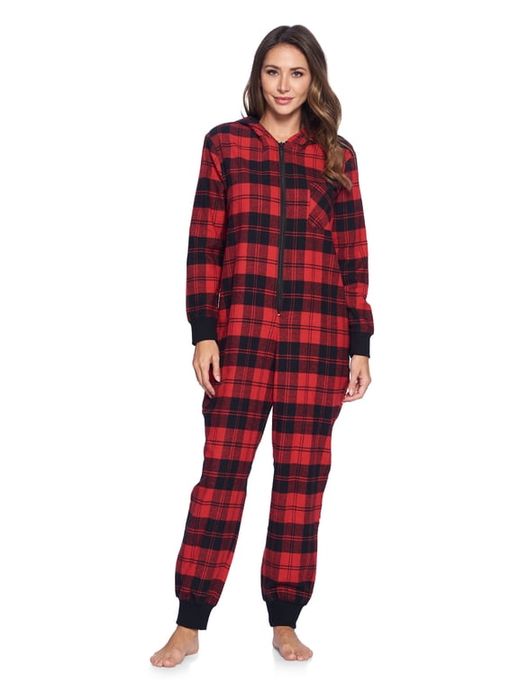 Women's Flannel Hooded One Piece Pajama Union Jumpsuit