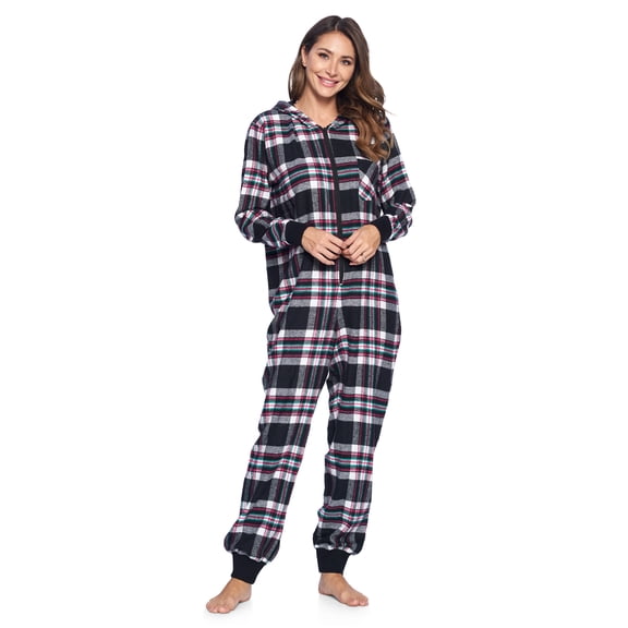Ashford & Brooks Women's Flannel Hooded One Piece Pajama Union Jumpsuit