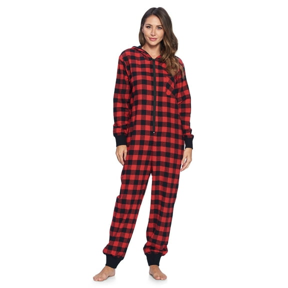 Ashford & Brooks Women's Flannel Hooded One Piece Pajama Union Jumpsuit