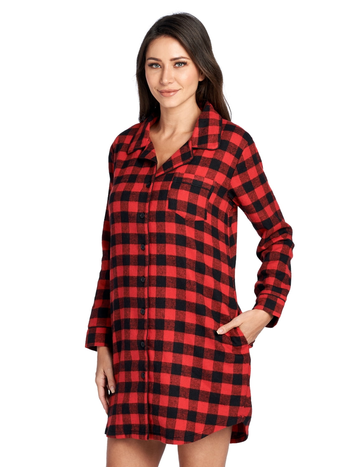 Ashford & Brooks Women's Flannel Plaid Long Lounge Shirt Sleep Nightshirt - Red Buffalo Check - XX-Large