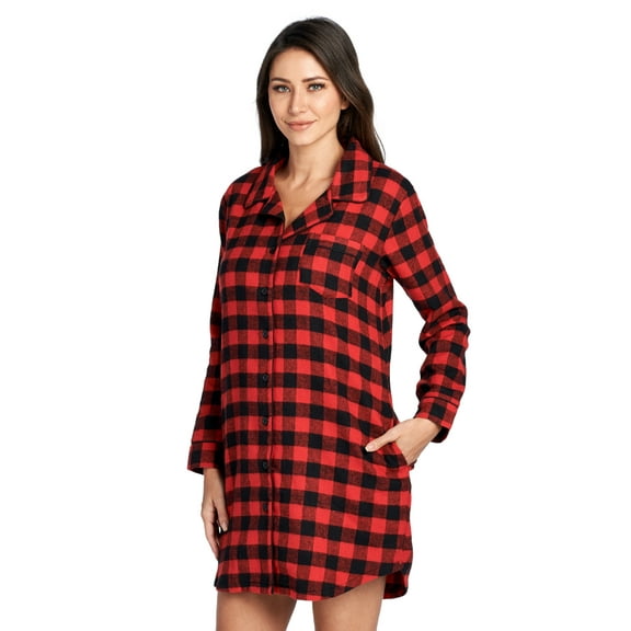 Ashford & Brooks Women's Flannel Plaid Long Lounge Shirt Sleep Nightshirt - Red Buffalo Check - XX-Large