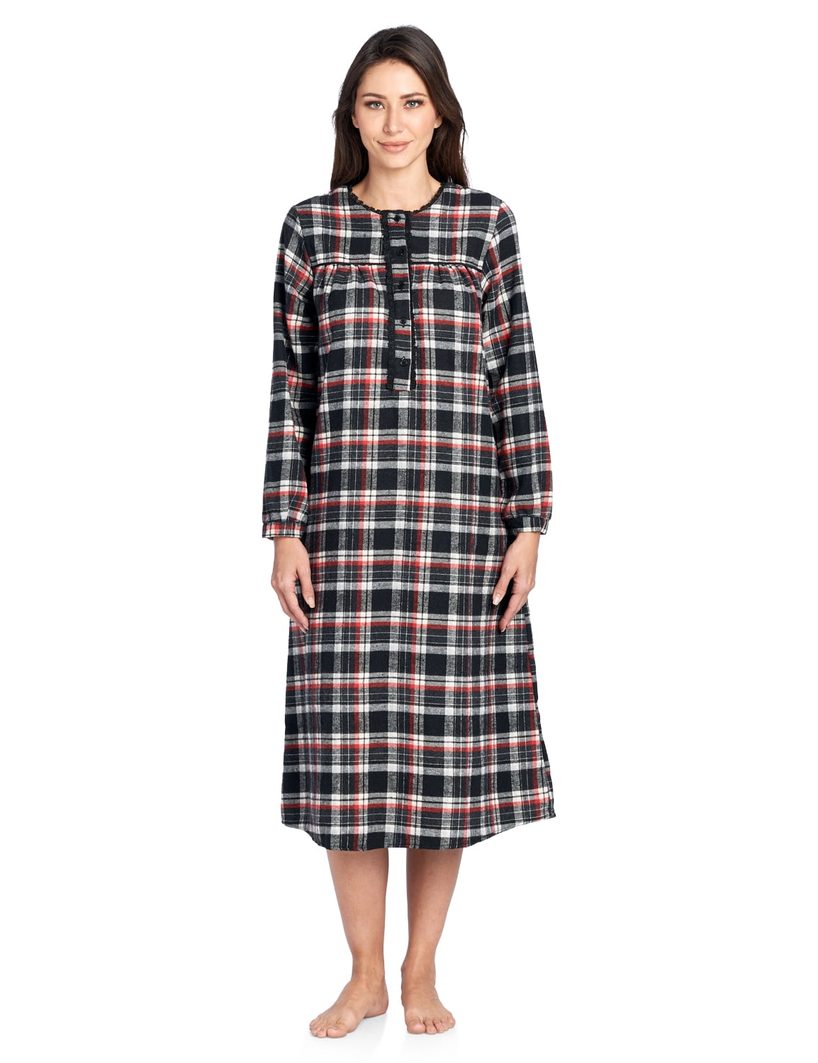 Ashford And Brooks Womens Flannel Plaid Long Sleeve Nightgown Black