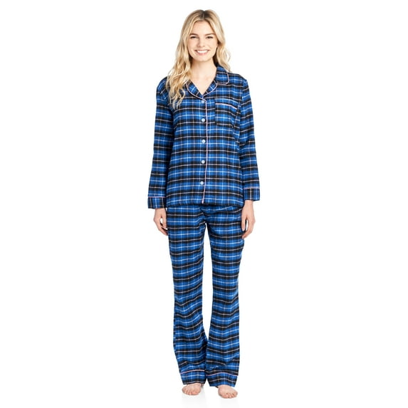 Ashford & Brooks Women's Flannel Plaid Pajamas Long Pj Set - Royal Blue/Black - X-Large