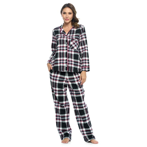 Ashford & Brooks Women's Flannel Plaid Pajamas Long Sleeve Button Down Pj Set