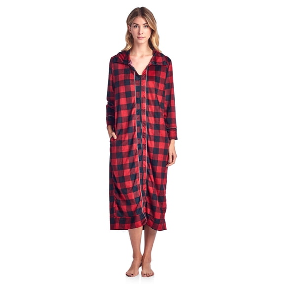 Ashford & Brooks Women's Long Zip Up Mink Fleece Lounger Robe - Red Buffalo Check - Medium
