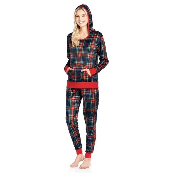 Ashford & Brooks Women's Mink Fleece Hoodie Pajama Set - Black Stewart Plaid - X-Large