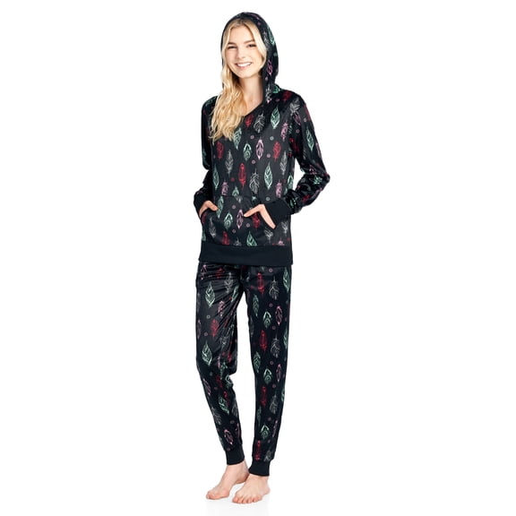 Ashford & Brooks Women's Mink Fleece Hoodie Pajama Set - Black Tuquoise Feather - Large