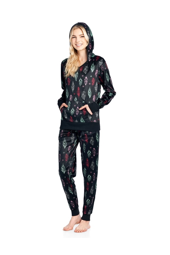 Women's Mink Fleece Hoodie Pajama Set - Black Tuquoise Feather - Large