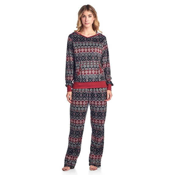 Ashford & Brooks Women's Mink Fleece Hoodie Pajama Set - Fair Isle Black - 2X-Large