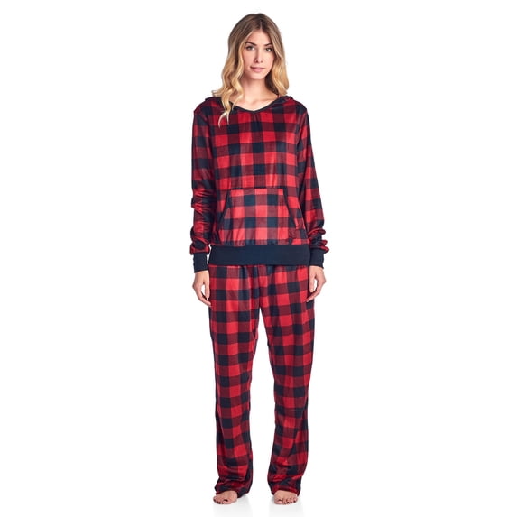 Ashford & Brooks Women's Mink Fleece Hoodie Pajama Set - Red Buffalo Check - Medium