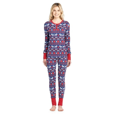 Ashford & Brooks Women's Printed Thermal Waffle Knit PJ Set - Navy/Ivory Fair Isle - XX-Large