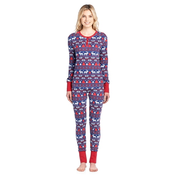 Ashford & Brooks Women's Printed Thermal Waffle Knit PJ Set - Navy/Ivory Fair Isle - XX-Large