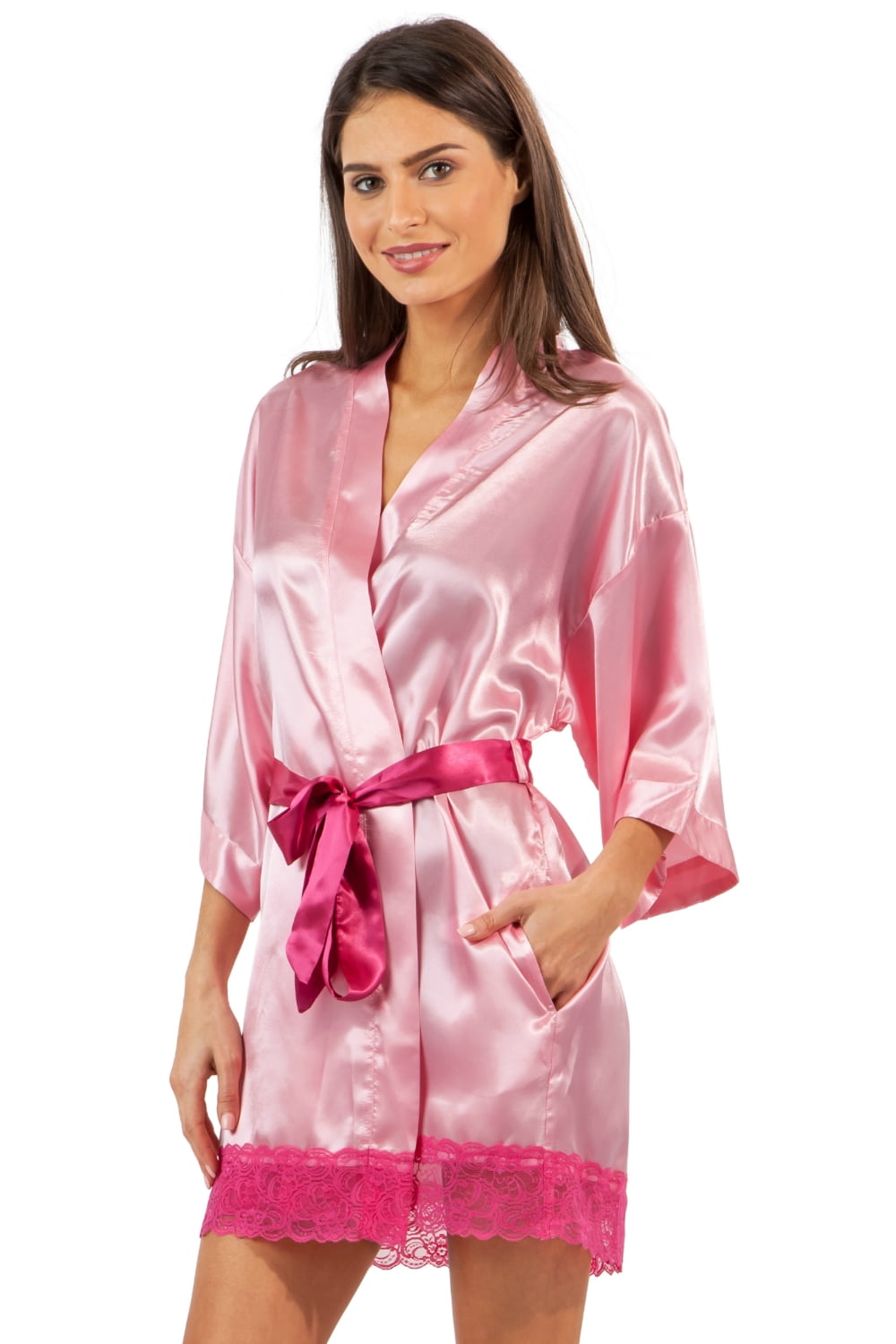 Female Short Robe Ashford & Brooks Women's Satin Kimono Bridesmaid Short Robe - Silky ...