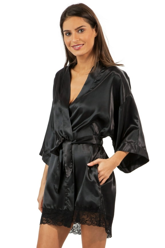 Women's Satin Kimono Bridesmaid Short Robe - Silky Bathrobe with Pockets