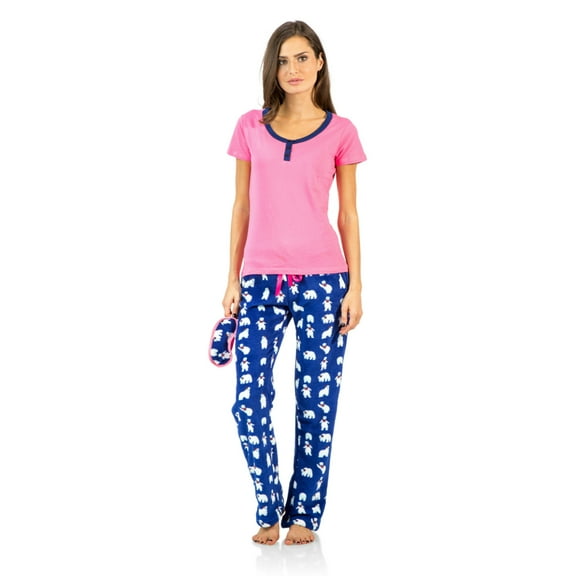 Ashford & Brooks Women's Short Sleeve Cotton Top Fleece Pants Pajama Set