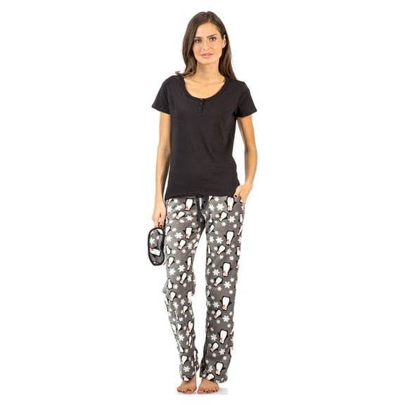 Ashford & Brooks Women's Short Sleeve Cotton Top Fleece Pants Pajama Set