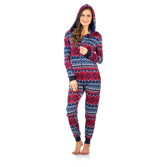 Ashford & Brooks Women's Sweater Fleece Zip Up Hooded Jumpsuit One Piece Pajama