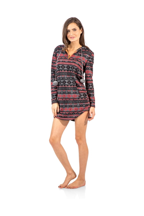 Women's Sweater Fleece Zip Up Hooded Sleep Lounge Shirt - Charcoal Coral - XX-Large