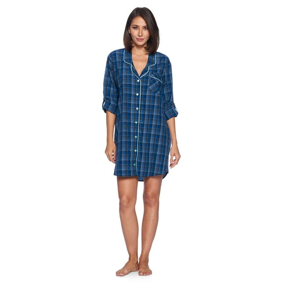 Ashford & Brooks Women's Woven Plaid Long Sleeve Button Down Sleep Shirt Nightshirt
