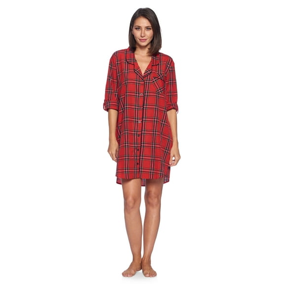 Ashford & Brooks Women's Woven Plaid Long Sleeve Button Down Sleep Shirt Nightshirt