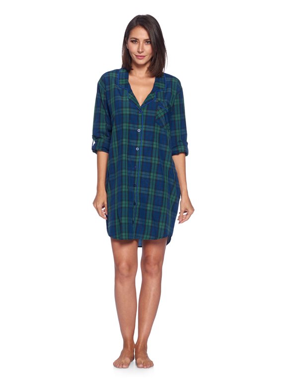 Women's Woven Plaid Long Sleeve Button Down Sleep Shirt Nightshirt