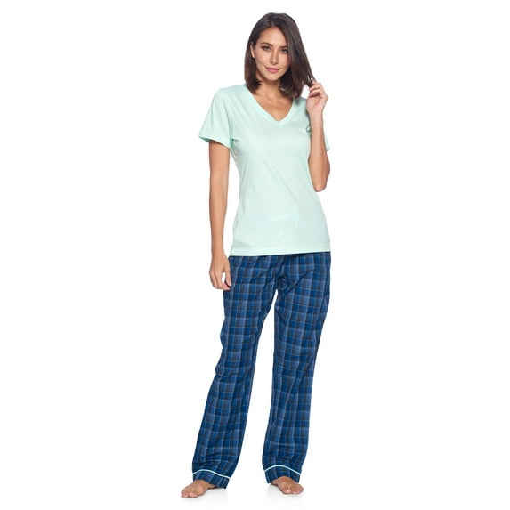Ashford & Brooks Women's Woven Short Sleeve Jersey Top & Pajama Pants Set, Blue/Grey, XXL