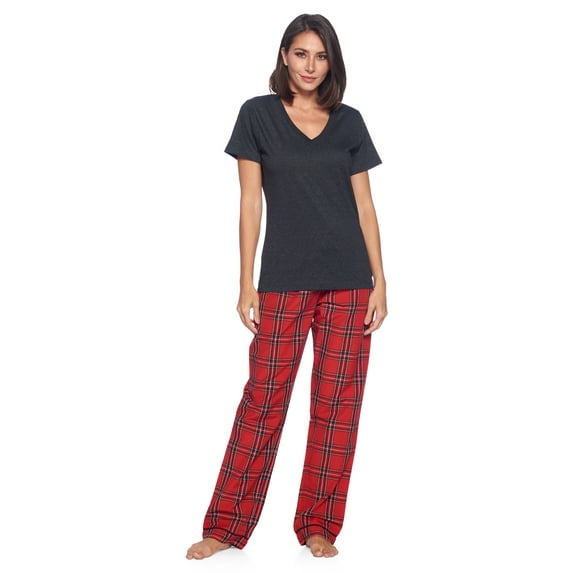 Ashford & Brooks Women's Woven Short Sleeve Jersey Top & Pajama Pants Set, Red/Black Stewart, M