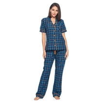 Ashford & Brooks Women's Woven Short Sleeve Shirt and Pajama Pants Set, Black/Blue/Plaid, S