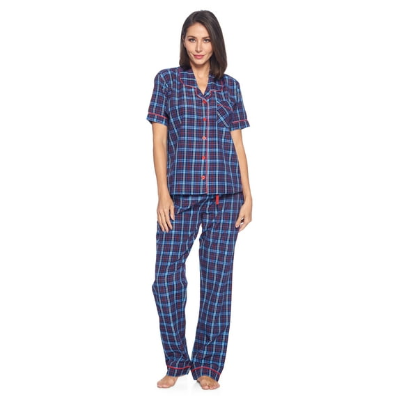Ashford & Brooks Women's Woven Short Sleeve Shirt and Pajama Pants Set, Blue/Burgundy, L