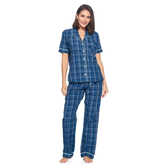 Ashford & Brooks Women's Woven Short Sleeve Shirt and Pajama Pants Set, Blue/Grey, M