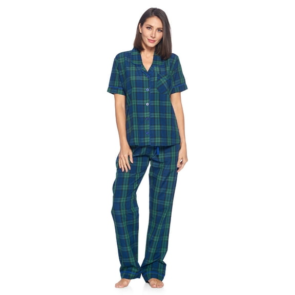 Ashford & Brooks Women's Woven Short Sleeve Shirt and Pajama Pants Set, Green Blackwatch, XL