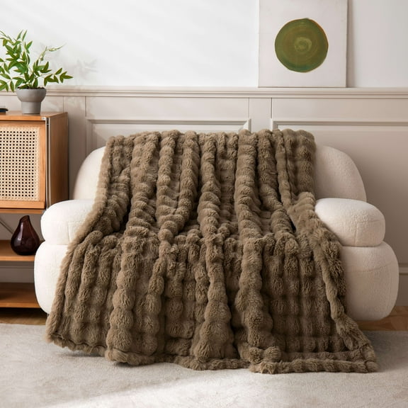 Ashford Home Cascade Ultra Fine Faux Fur Throw Blanket, Beige, 50 x 60 inches
