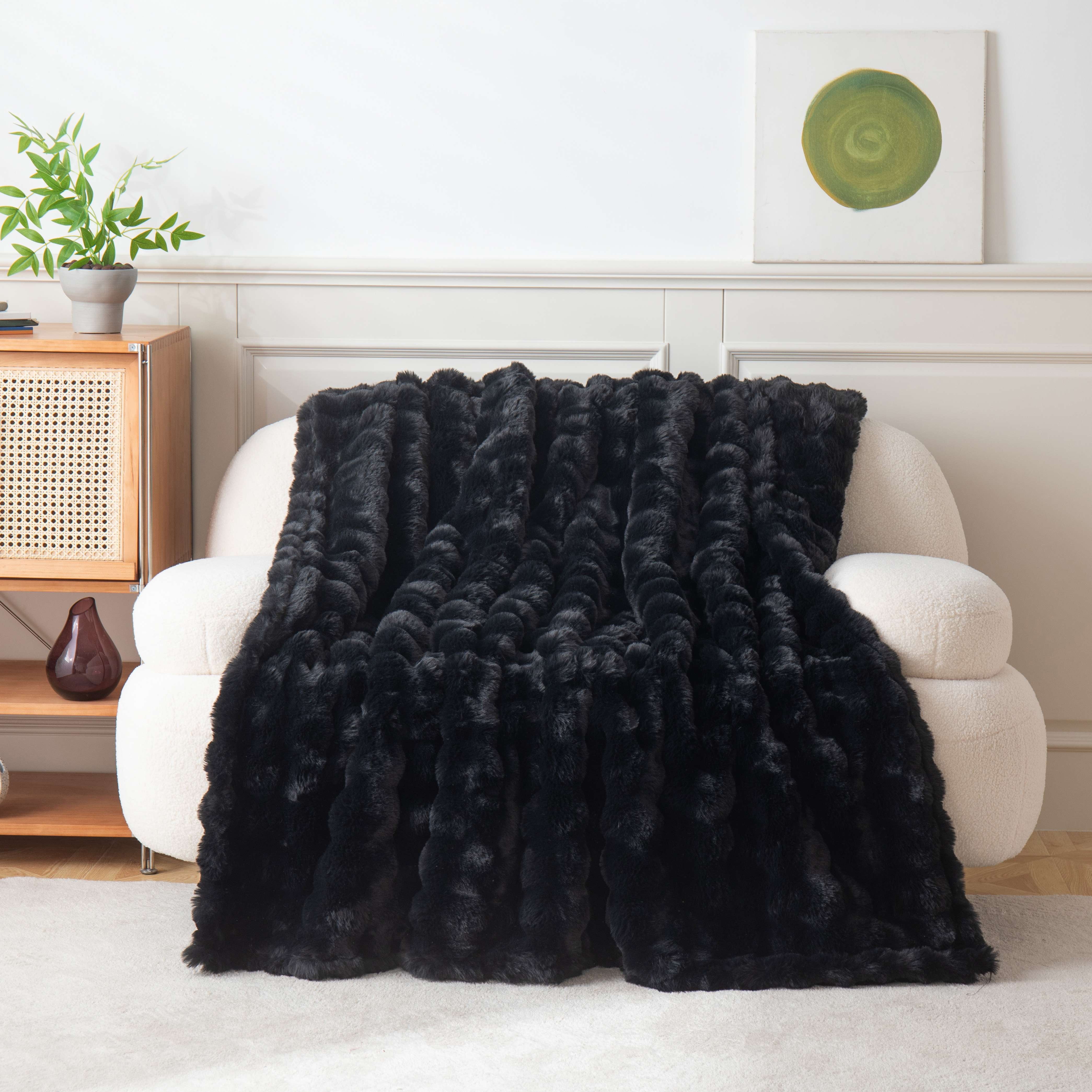 Ashford Home Cascade Ultra Fine Faux Fur Throw Blanket, Black, 50 x 60 inches