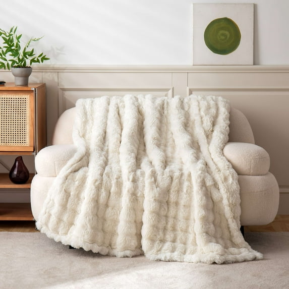 Ashford Home Cascade Ultra Fine Faux Fur Throw Blanket, Natural, 50 x 60 inches