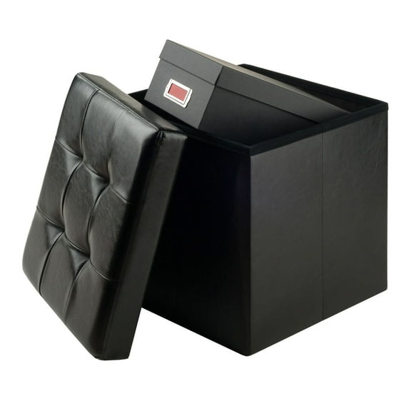 Ashford Ottoman with Storage, Faux Leather Folding Storage Cube, 15x15x15 Black, Living Room Footrest, Bedroom Organizer, Extra Seating